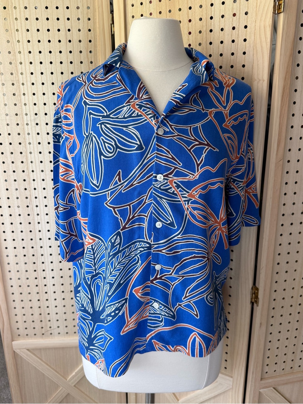 Zara Tropical Print Camp Collar Button Front Shirt‎ Blouse Blue Orange Women's S - Picture 2 of 10